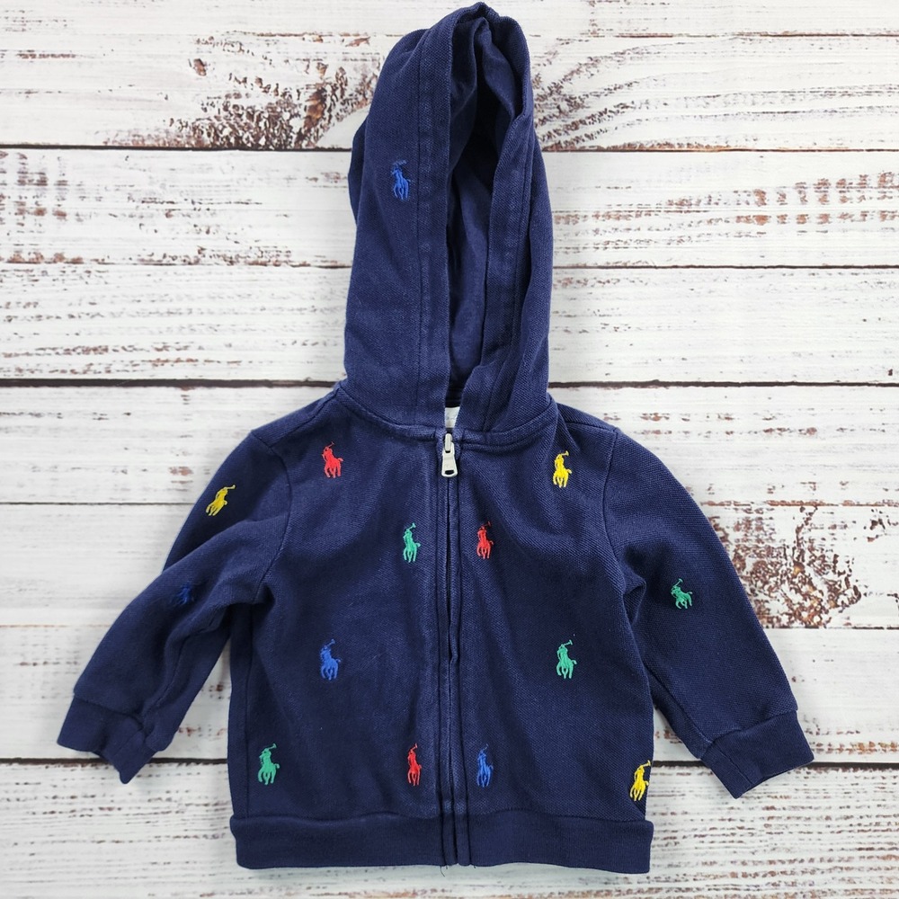 Polo Ralph Lauren Allover Pony Hoodie Baby Boys 6M Navy Embroidered Full Zip